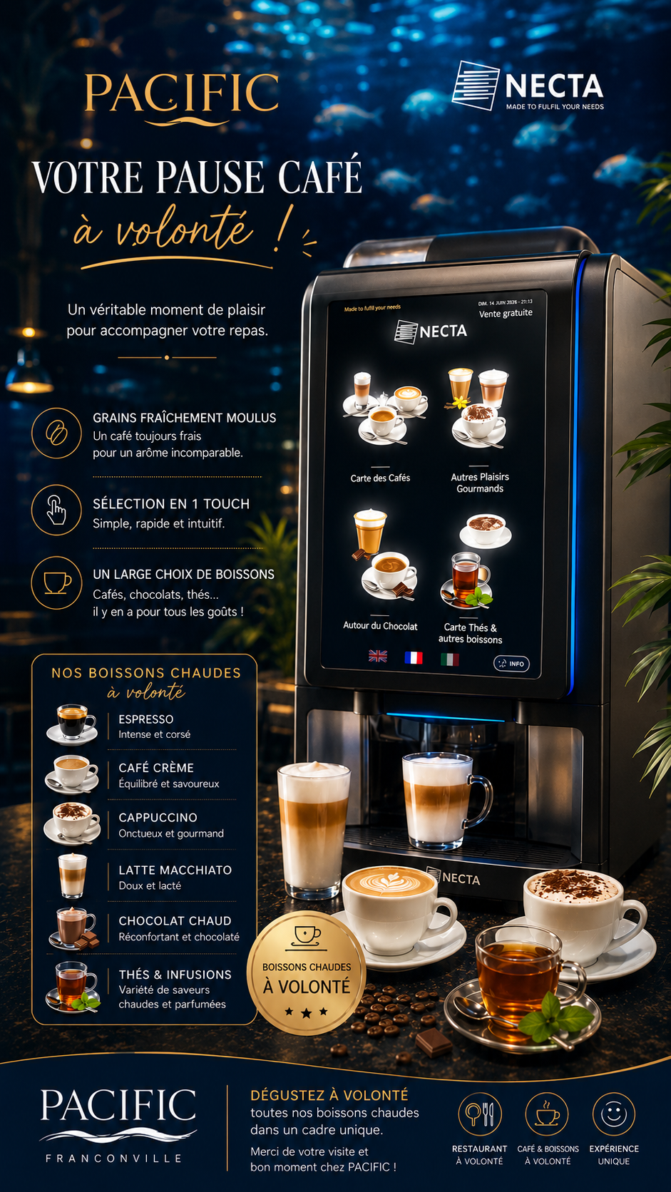 Pacific Franconville — Votre pause café à volonté : espresso, cappuccino, latte macchiato, chocolat chaud, thés & infusions
